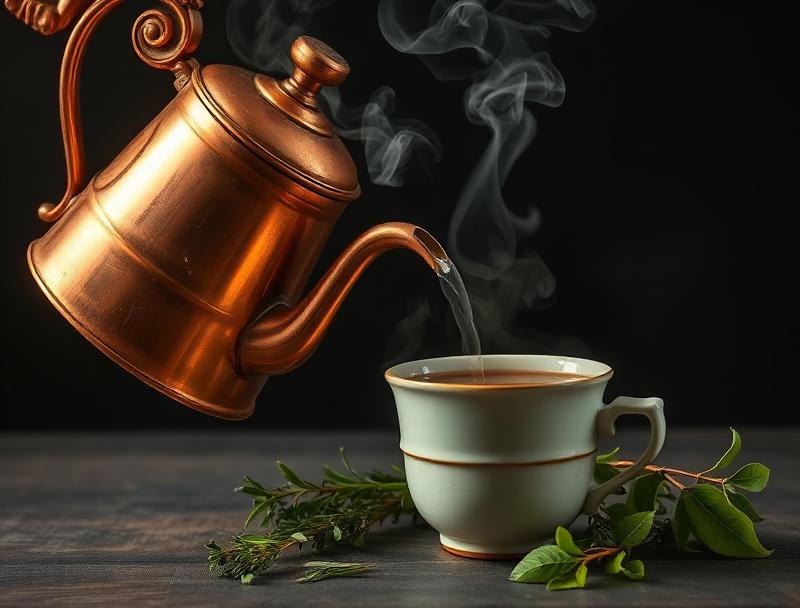 Steaming copper kettle with herbal decoction
