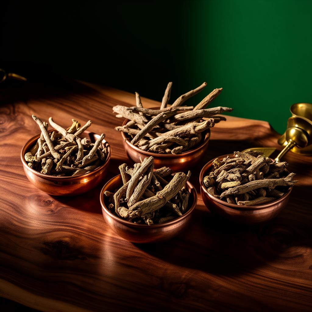 Dried shatavari and ashwagandha roots in copper bowls