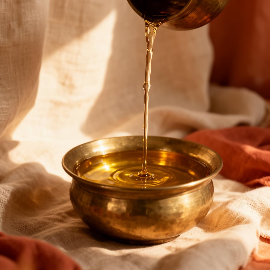 Warm Ayurvedic oil being poured into a brass vessel at dawn