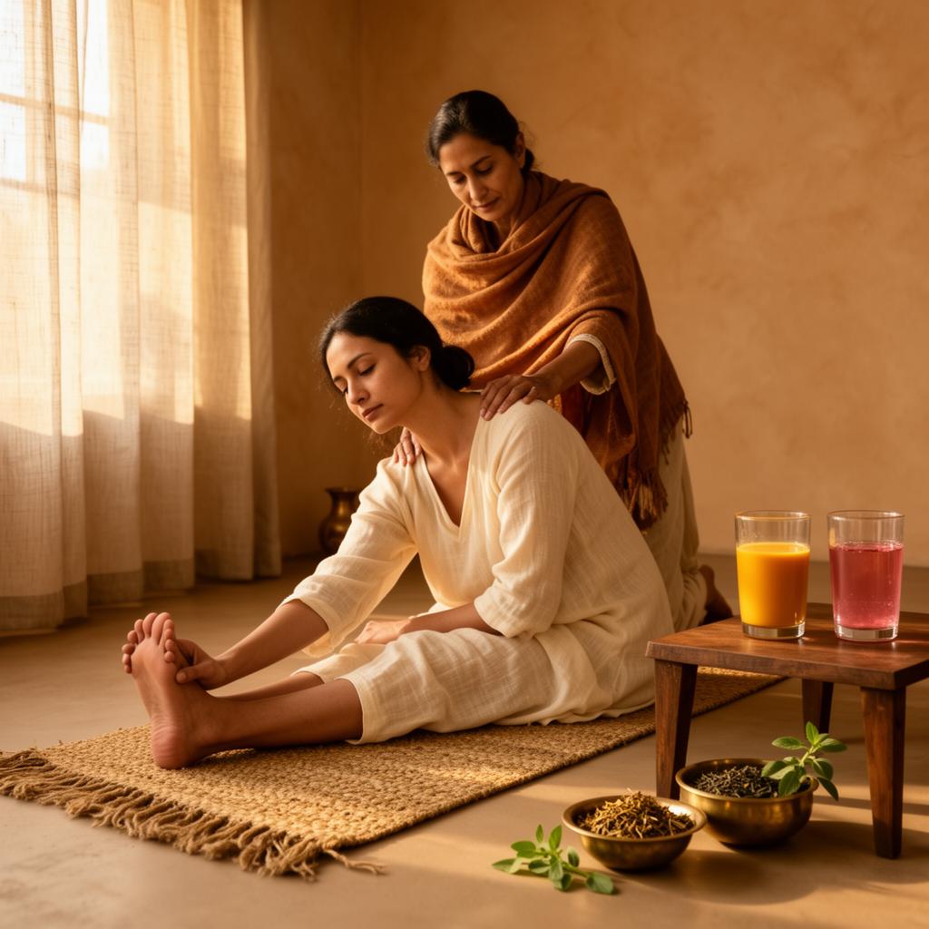 Ayurvedic practitioner guiding a new mother through gentle restorative movement, with earthy healing tonics nearby