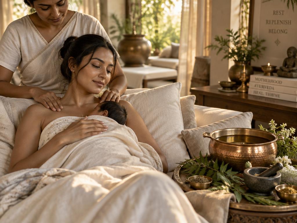 A new mother rests while receiving warm Ayurvedic oil massage in a serene postpartum sanctuary