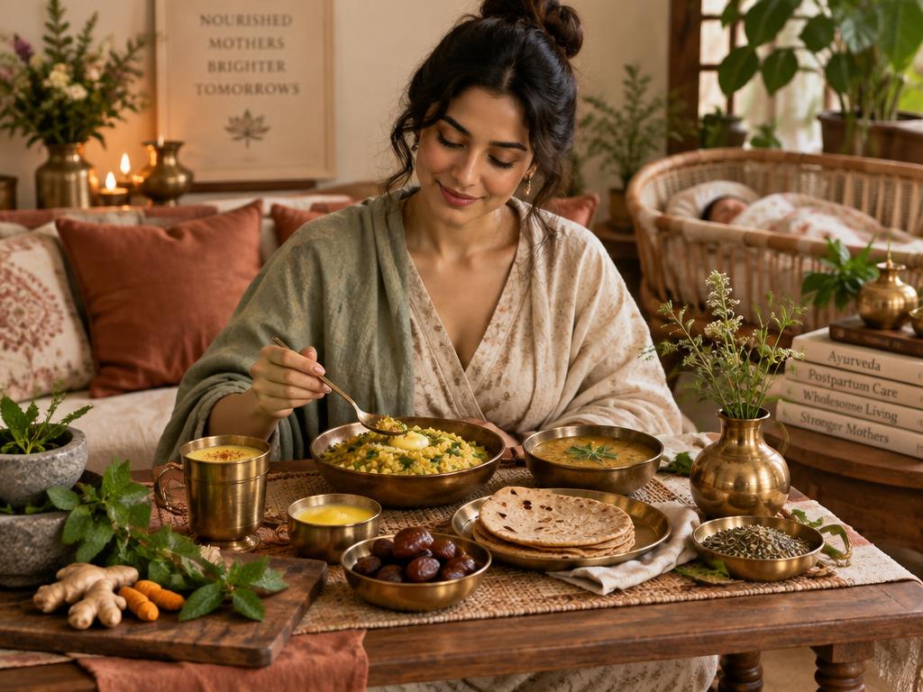 A new mother enjoys a nourishing Ayurvedic meal of kitchari, dal, ghee, and healing spices